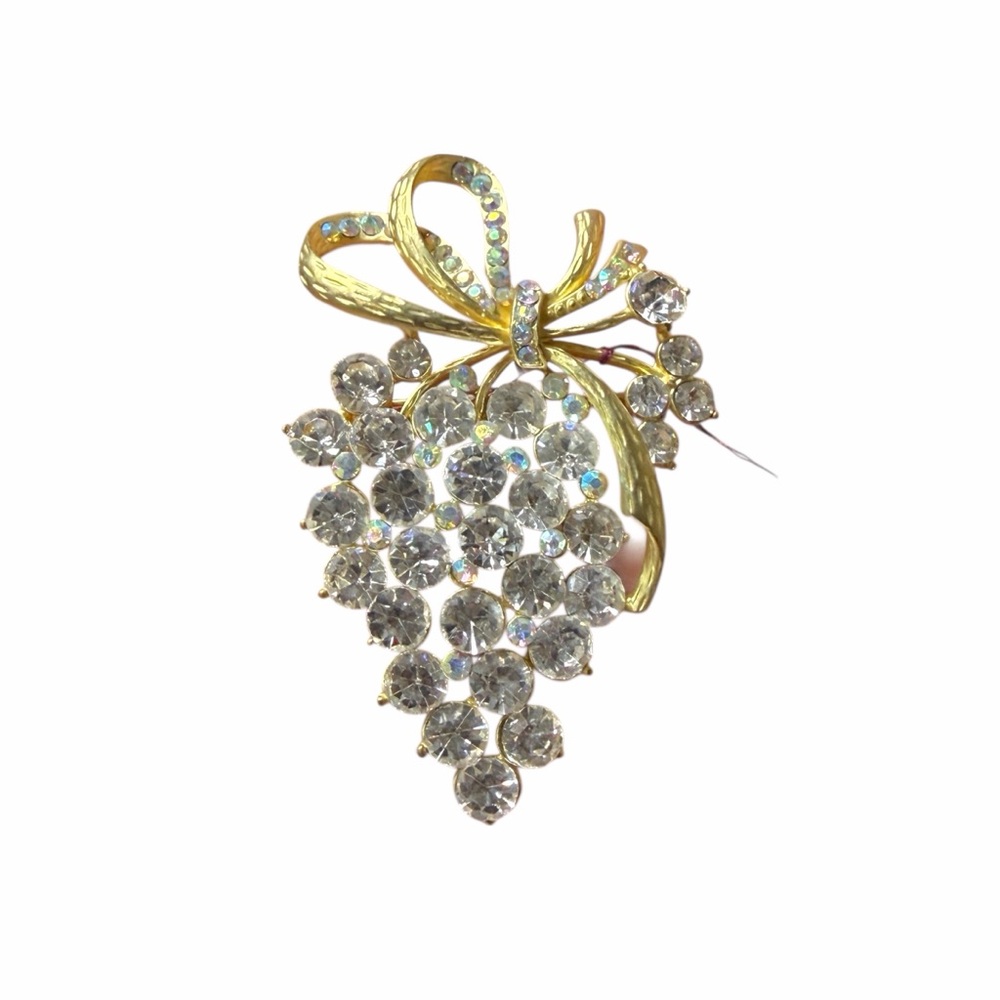 Gold-Tone Crystal Rhinestone Grapes Cluster Bow Brooch